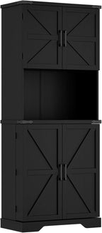 Cozy Castle 74" Farmhouse Pantry Cabinet with Charging Station, Tall Kitchen Storage Hutch Cabinet Coffee Bar Workstation, Sideboard Buffet Cupboard for Dining Room Living Room Furniture, Black