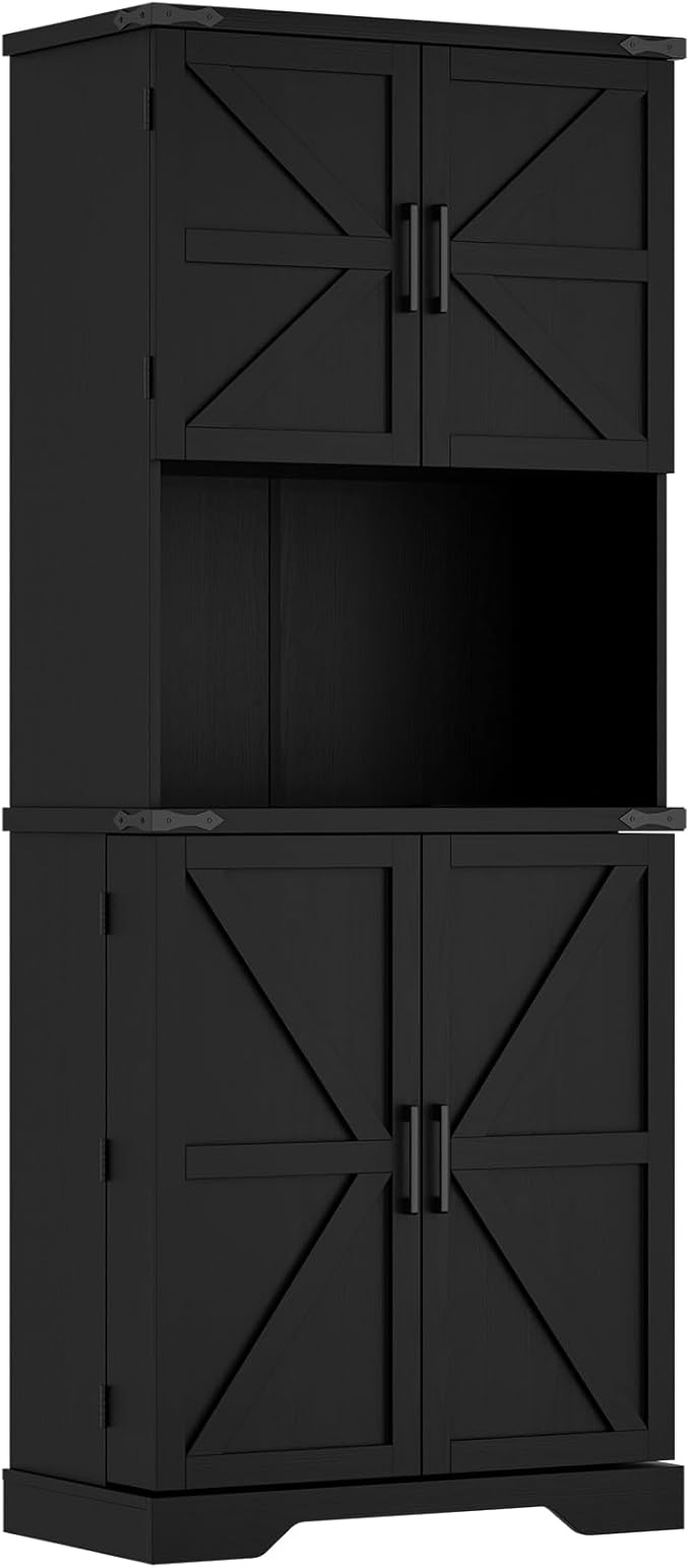Cozy Castle 74" Farmhouse Pantry Cabinet with Charging Station, Tall Kitchen Storage Hutch Cabinet Coffee Bar Workstation, Sideboard Buffet Cupboard for Dining Room Living Room Furniture, Black