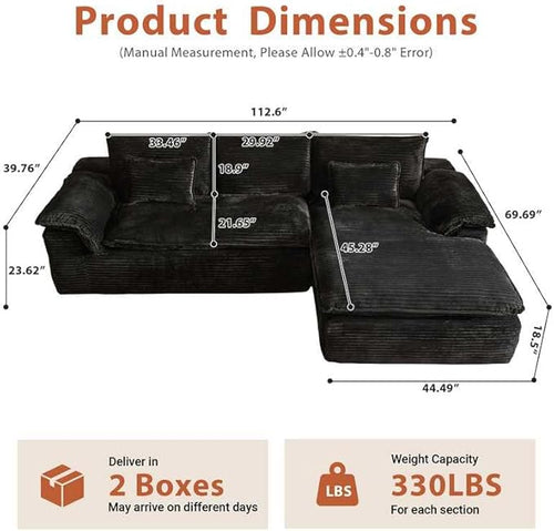 113 in Oversized Cloud Sofa with L Shape Chaise, Sectional Couches for Living Room, Assembly Free Modular Comfy Corduroy Sofa with Right Facing Chaise Longue for Home Apartment (Right Chaise, Black)