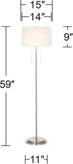 Possini Euro Design Simplicity Modern Minimalist Floor Standing Lamp 59" Tall Brushed Nickel Silver Metal Off White Tapered Drum Shade Decor for Living Room Reading House Bedroom Home