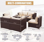 NICESOUL 29.3'' High Backrest Patio Furniture Sectional Set, 7 Piece Outdoor Conversations with Fireplace Natural Gas Propane Convertible, Deep Large Funky PE Rattan Sofa Couches for Backyard, Brown