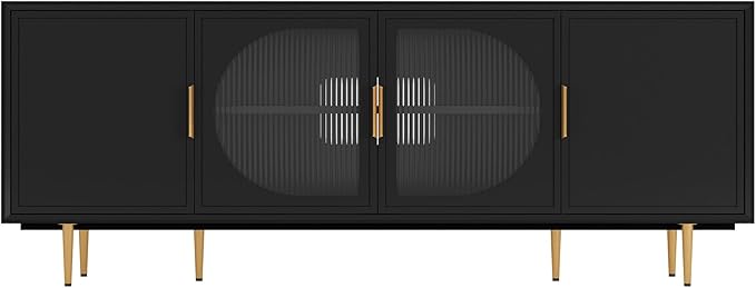 66" Modern TV Stand for TVs up to 75",TV Cabinet with Glass Door,Entertainment Center with Storage,Television Stands with Gold Legs,Media Console for Bedroom,Living Room,Black
