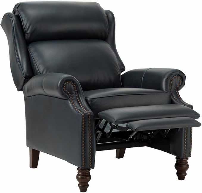 HULALA HOME Genuine Leather Recliner Chair, Traditional Manual Pushback Comfy Seating for Living Room, Thick Cushion & Solid Wood Legs, Wingback Recliner with Nailhead Trim, Navy