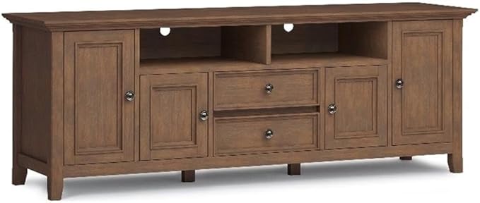 SIMPLIHOME Amherst 72-inch Wide Solid Wood TV Stand in Rustic Natural Aged Brown, Transitional-Style Media Console for Living Room with Cable Management and Adjustable Shelves, Fits 80" TVs