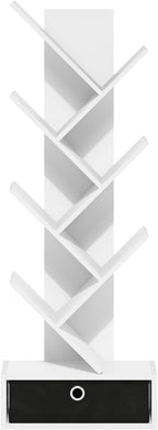 Furinno Tree Book Shelf, 7-Tier Bookshelf, Tree Bookcase with Bin Drawer, 8.4 x 16.9 x 46.2, for Living Room, Bedroom, Home Office, White/Black