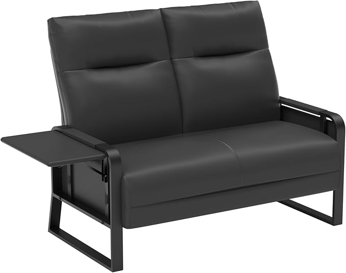 Faux Leather Loveseat Couch for Living Room Bedroom Office, Small Sofa 2 Seater Couch with Flip Up Tray Table Side Pockets Leather Loveseats, Black
