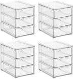 mDesign Plastic Stackable Organizer with 3 Drawers - Pull-Out Drawer Storage Bin for Bathroom Sink/Cabinet Organization - Perfect for Makeup, Small Towels, and More - Lumiere Collection, 4 Pack, Clear