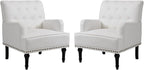 MOJAY Modern PU Leather Accent Chair Set of 2, Mid-Century Living Room Lounge Club Chair with Rivet Trim, Single Sofa Reading Arm Chair for Bedroom Home Office Study Lounges(White)