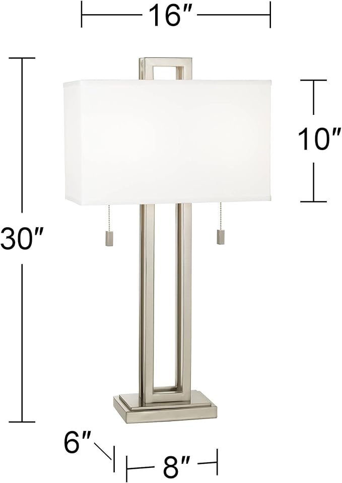 Possini Euro Design Gossard Modern Table Lamp 30" Tall Brushed Nickel Silver Open Metal White Fabric Rectangular Box Shade for Bedroom Living Room House Home Bedside Nightstand Office Family