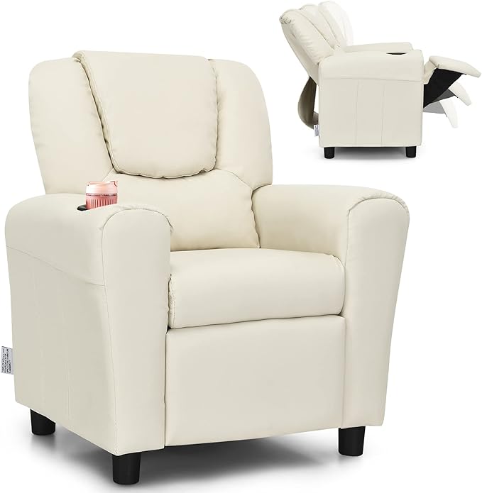 Costzon Kids Recliner Chair with Cup Holder, Toddler Furniture Children Armrest Sofa w/Headrest & Footrest for Girls Boys Baby Bedroom, Kids Room, PU Leather Kids Recliner Couch (Beige)
