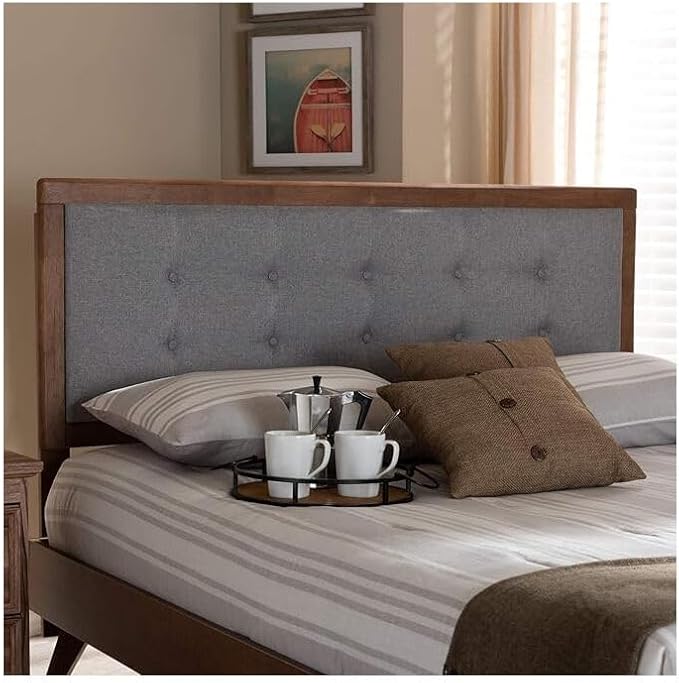 Mid-Century Marvel Fabric Upholstered Walnut Brown Finished Wood Headboard, Wall Mount Headboard Queen/Light Gray