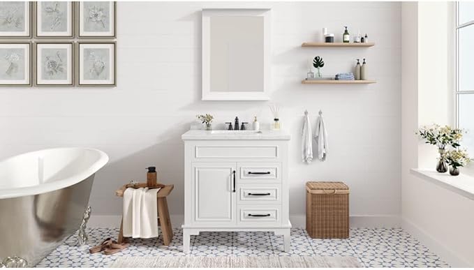 Hanover 31 Set Includes w, White Lanesboro 31'' Vanity Sink Combo for Bathroom, Powder Room | Pre-Assembled 1 Door, 3 Drawers | Accent Mirror | Artificial Stone Countertop, Cabinet, 31 inches
