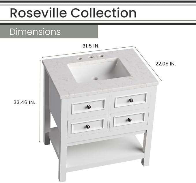 Hanover Roseville 31'' Vanity Cabinet with Sink Combo for Bathroom, Powder Room | Pre-Assembled Cabinet | 2 Drawers, Bottom Shelf | Artificial Stone Countertop | White Cabinet | HANVN0108-31-1WH
