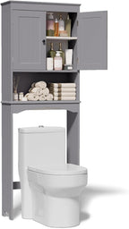 Gizoon Over The Toilet Storage Cabinet with Adjustable Shelf and Double Doors, Bathroom Space Saver Organizer Above Toilet with Open Shelf, Taller Wooden Free Standing Toilet Rack -Grey