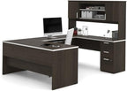 Pemberly Row U Shaped Modern Executive Computer Desk with Pedestal and Hutch in Brown Chocolate