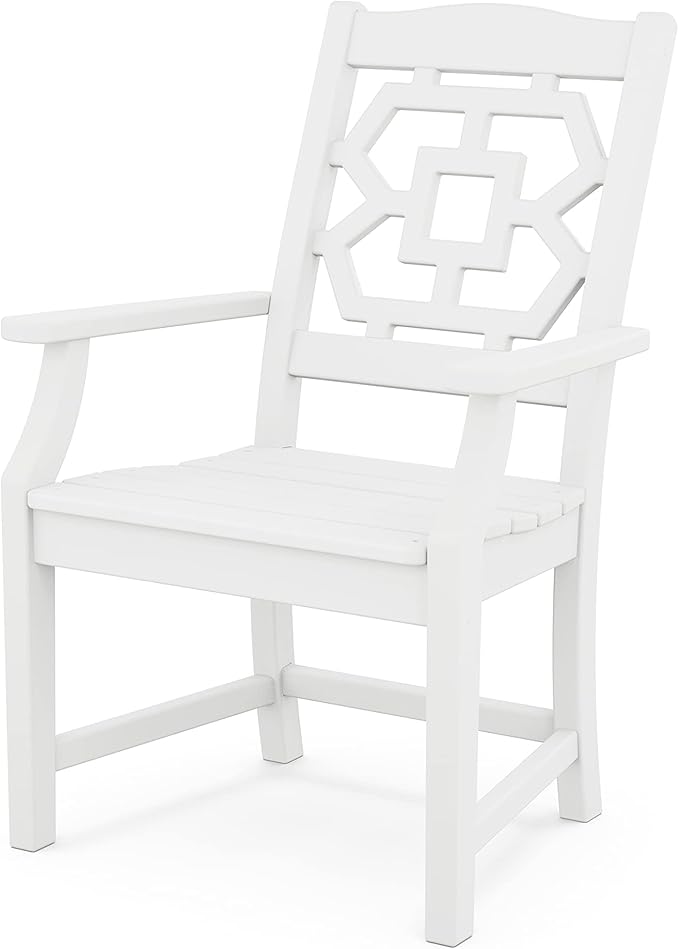 Martha Stewart by POLYWOOD Chinoiserie Outdoor Dining Arm Chair, White, Durable HDPE All-Weather, Comfortable Patio Seating with Latticework Back, Backyard, Garden Furniture, Made in The USA