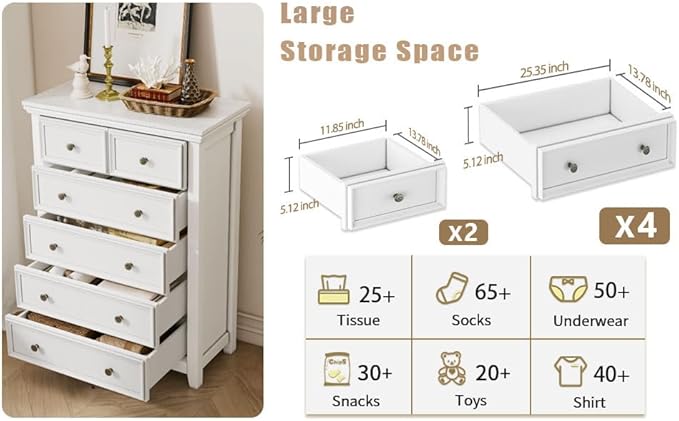 BLANKSPACE White Farmhouse Dresser, 6 Chest Drawer Dresser for Bedroom, Large Capacity Nightstand, Modern Tall Wood Cabinet for Bedroom, Living Room, Closets, Hallway