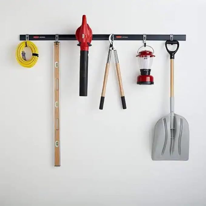 Rubbermaid Garage FastTrack 8-Piece Small Kit Black/Grey All-in-One Rail & Hook Wall Hanging Kit Wall Mounted Storage Solution for Home/Garage