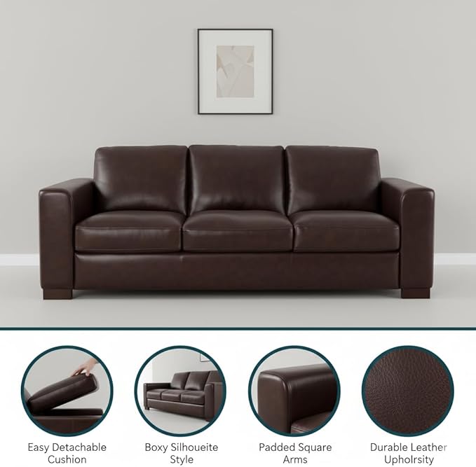 Naomi Home Freya Genuine Leather Sofa - Luxurious Comfort, Goose Feather Cushion Filling, Square Arm Design, Sturdy Block Legs, Elegant Espresso - Ideal for Living Room, Office, or Bedroom