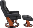Pemberly Row Contemporary Black Leather Swivel Recliner with Matching Ottoman