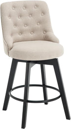 MINCETA Set of 2 Upholstered Bar Stools - 26 Inch Swivel Counter Height Stools with Low Tufted Back, Footrest & Performance Fabric - Round Seat for Kitchen Island & Home Bar Beige