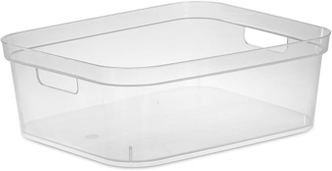 Sterilite 5.25 x 12.25 x 15 Inch Medium Modern Storage Bin w/Comfortable Carry Through Handles & Banded Rim for Household Organization, Clear 16 Pack