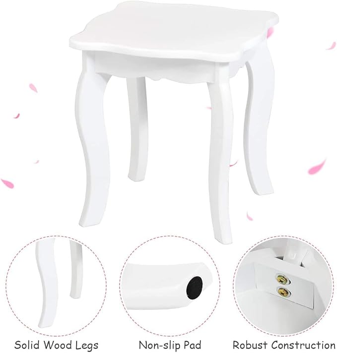 Costzon Kids Vanity, Girls Vanity Set with Tri-Folding Mirror, Stool, Storage Drawer, Princess Toddler Makeup Vanity Desk Dressing Table, Wooden Kids Vanity Table and Chair Set (White)