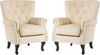 MOJAY PU Leather Accent Chair Set of 2, Modern Armchair Living Room Chair, Upholstered Club Chair with Rivet Trim, Mid-Century Sofa Chair with Sturdy Wood Legs for Bedroom (Ivory White)