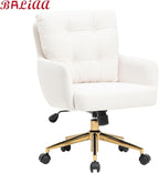 Plush Fabric Office Chair Vanity Chair Comfy Home Office Desk Chairs with Lumbar Support, Modern Plush Fabric Desk Gold Legs Swivel Task for Home Office Bedroom Study White Upgraded Version