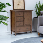 SIMPLIHOME Redmond SOLID WOOD 39 inch Wide Transitional Medium Storage Cabinet in Rustic Natural Aged Brown with 3 Small Drawers, 1 Large Drawer