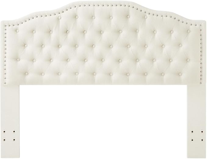 24KF Upholstered Button Tufted Queen Headboard with Nailhead Trim, Elegant Boucle Fabric Full headboard, 6031-Q-Boucle-Ivory