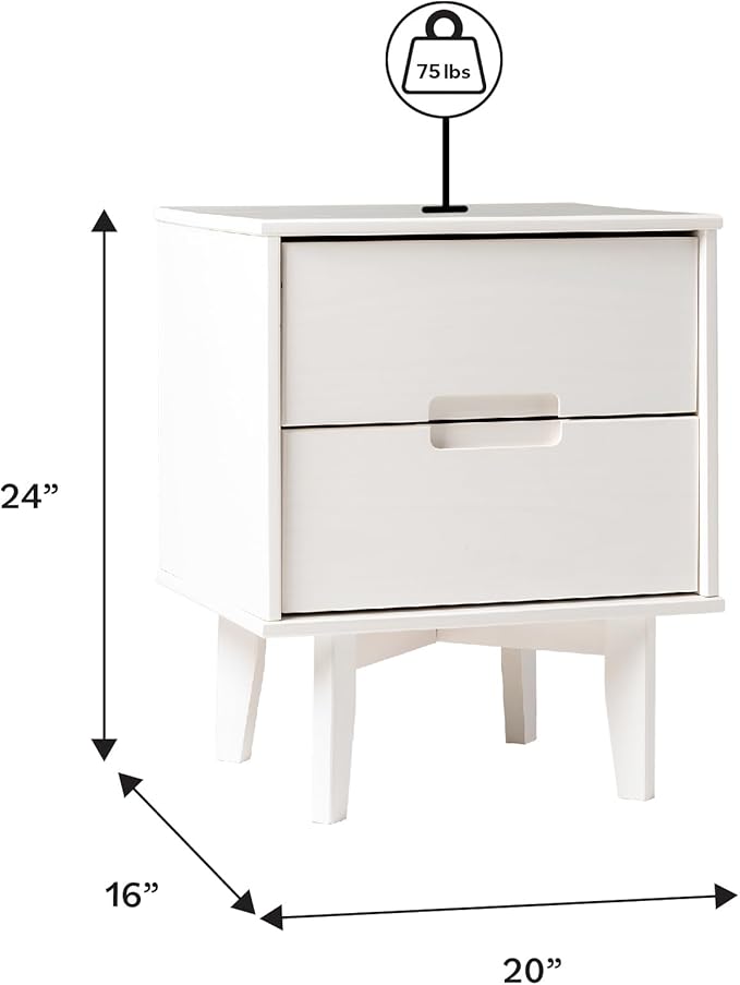 Walker Edison Furniture AZR2DSLNSWH Solid Wood 2-Drawer Groove Handle End Side Table Nightstand with Storage, 24" H, White