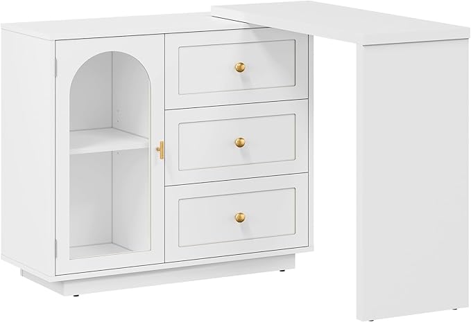 RoyalCraft L Shaped Home Office Desk, Extendable and Rotatable Desk with 3 Drawers and Door, Corner Computer Desk, Modern Study Writing Table for Bedroom, Home Office, White