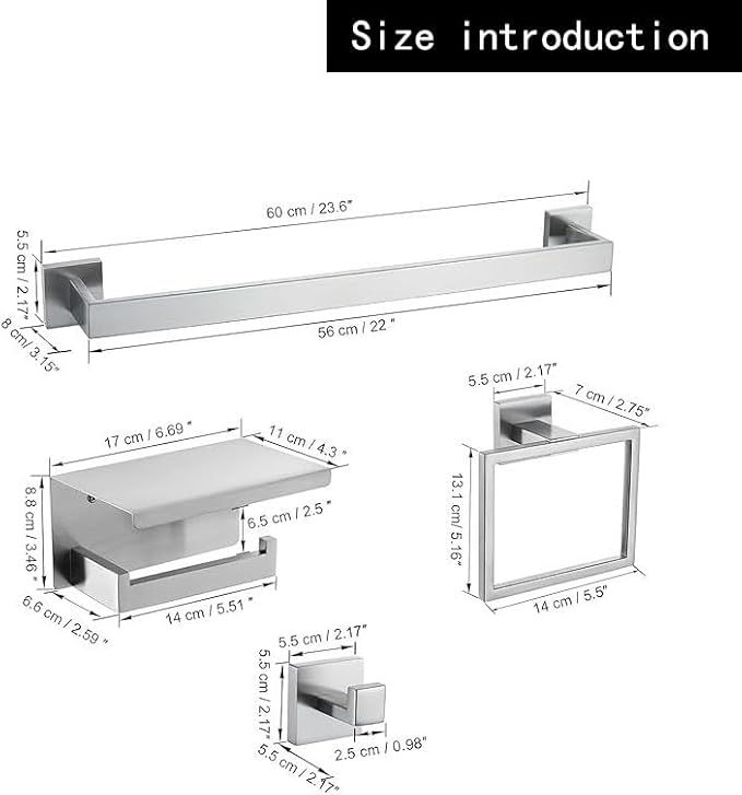 10-Piece Bathroom Hardware Kit - Brushed Finish SUS304 Stainless Steel Set, Featuring 2 x 23.6 Towel Bars, 2 Towel Rings, 2 Toilet Paper Holders & 4 Towel Hooks (Brushed Stainless) (Brushed Finish)