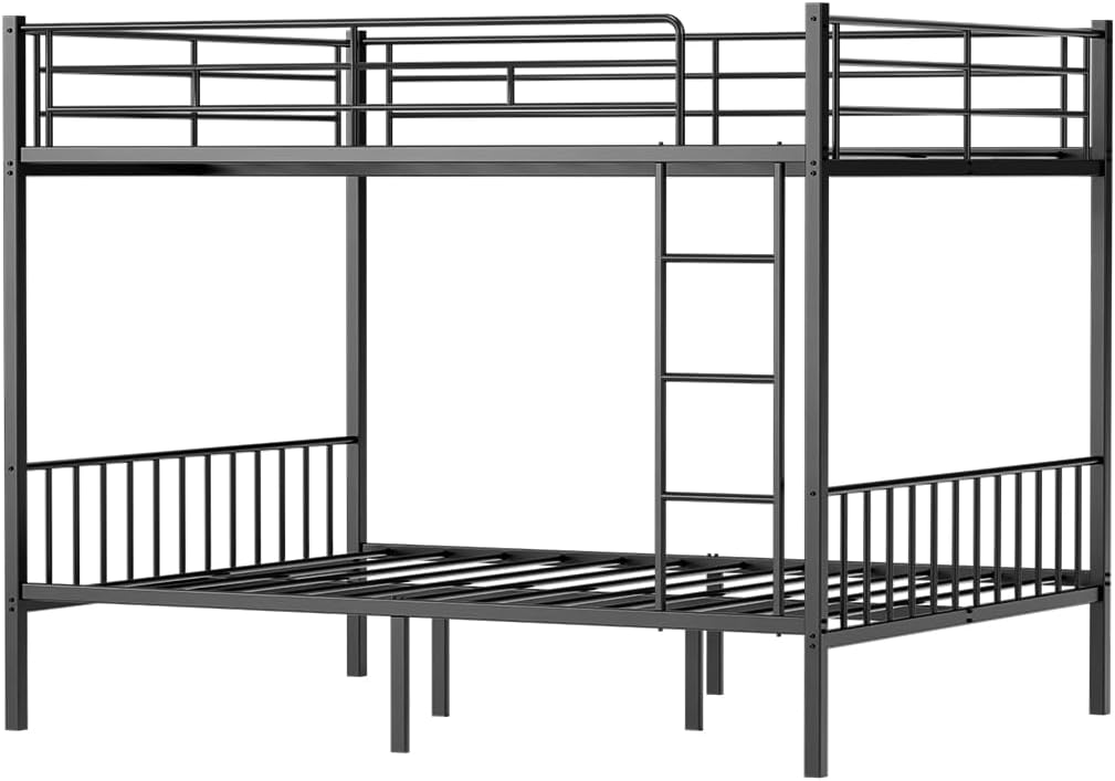 Queen Over Queen Bunk Bed for Adults & Teens, Heavy Duty Metal Bunk Bed with EVA Anti-Slip Ladder & Full-Length Guardrails, Noise-Free Queen Bunk Bed Frame with Under-Bed Storage, Black