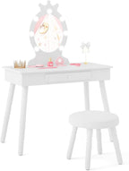 Costzon Kids Vanity, Girls Vanity Set with Mirror and Stool and Lights, Drawer, 2 in 1 Wooden Toddler Makeup Vanity Desk Dressing Table, Kids Vanity Table and Chair Set (White)