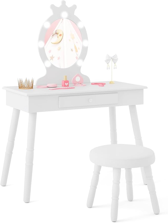 Costzon Kids Vanity, Girls Vanity Set with Mirror and Stool and Lights, Drawer, 2 in 1 Wooden Toddler Makeup Vanity Desk Dressing Table, Kids Vanity Table and Chair Set (White)
