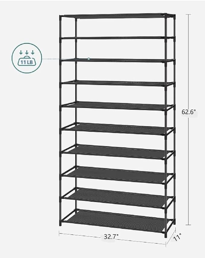 SONGMICS Shoe Rack, 10-Tier Shoe Storage Organizer, Space-Saving, 11 x 32.7 x 62.6 Inches, Entryway, Metal Frame, Non-Woven Fabric Shelves, Ink Black ULSH210B02