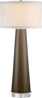 Possini Euro Design Karen Modern Table Lamp 37 1/2" Tall with Clear Round Riser Dark Gold Glass Column Off White Fabric Drum Shade for Bedroom Living Room House Bedside Nightstand Office Entryway