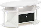 Furinno Jaya Coffee Table, Oval Modern Coffee Table with Shelves and Storage Bin, Side Table, for Living Room, Bedroom, Home Office, White