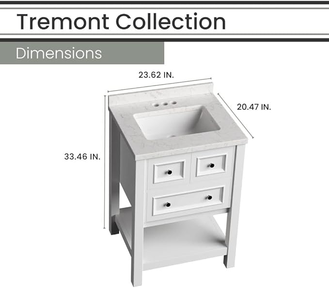 Hanover Tremont 24'' Vanity Cabinet with Sink Combo for Bathroom, Powder Room | Pre-Assembled Cabinet | 1 Drawer, Bottom Shelf | Artificial Stone Countertop | White Cabinet | HANVN0107-24-1WH