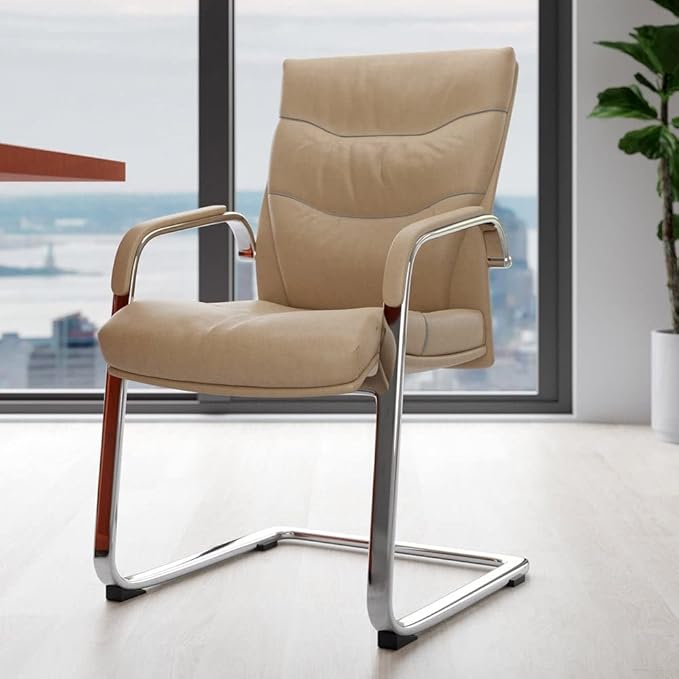 ZURI Modern Carnegie Leather and Chrome Side Chair with Aluminum Base - Beige