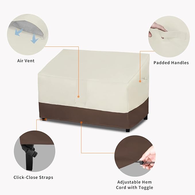 Easy-Going Waterproof Outdoor Sofa Cover, Heavy Duty 2 Seater Outdoor Loveseat, Windproof Patio Furniture with Air Vent (60Wx35Dx35H inch, Beige/Dark Brown)