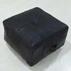 Handmade Eco-Friendly Geometric Leather Pouf Black Color Square 21" x 21" x 12" Buffalo Leather Pouf for Living Room, Bedroom Seating, Patio