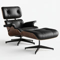 Top Black Grain Leather, Mid Century Chaise Lounge Chair and Ottoman, Modern Chair Classic Design, Walnut Wood, Heavy Duty Base Support for Living Room Office