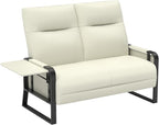 Faux Leather Loveseat Couch for Living Room Bedroom Office, Small Sofa 2 Seater Couch with Flip Up Tray Table Side Pockets Leather Loveseats, Beige