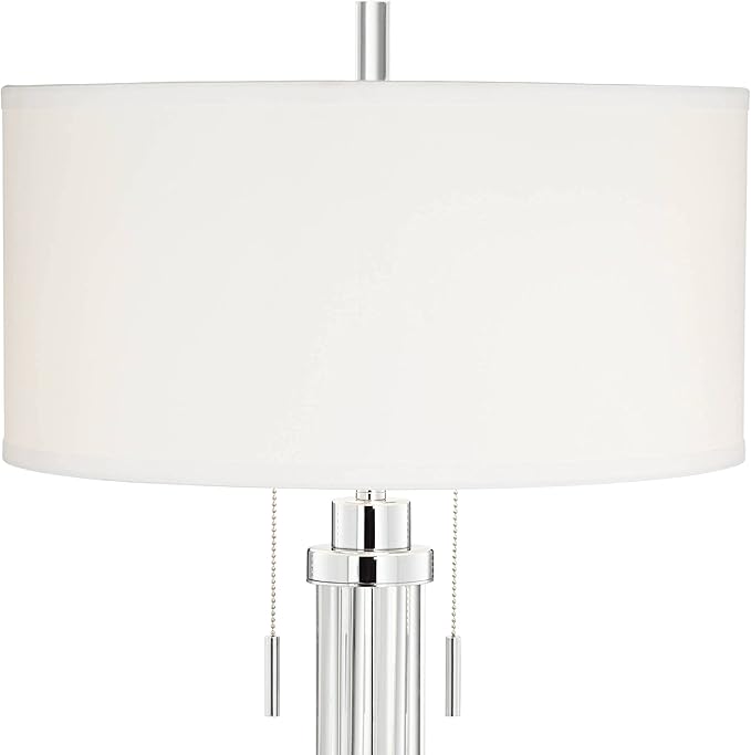 Possini Euro Design Cadence Modern Table Lamp 33" Tall with Round Riser Linear Clear Glass Rod White Linen Drum Shade for Bedroom Living Room House Home Bedside Nightstand Office Entryway Family