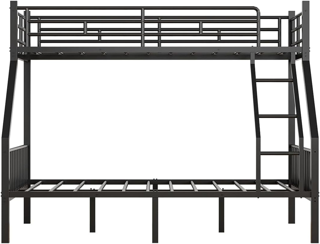 Twin XL Over Queen Bunk Bed for Adults, Heavy Duty Metal Bunk Beds with Safety Guardrails & EVA Padded Ladder, Twin XL Over Queen Bunk Beds Frame with Noise-Free Slats, Space-Saving(Black)
