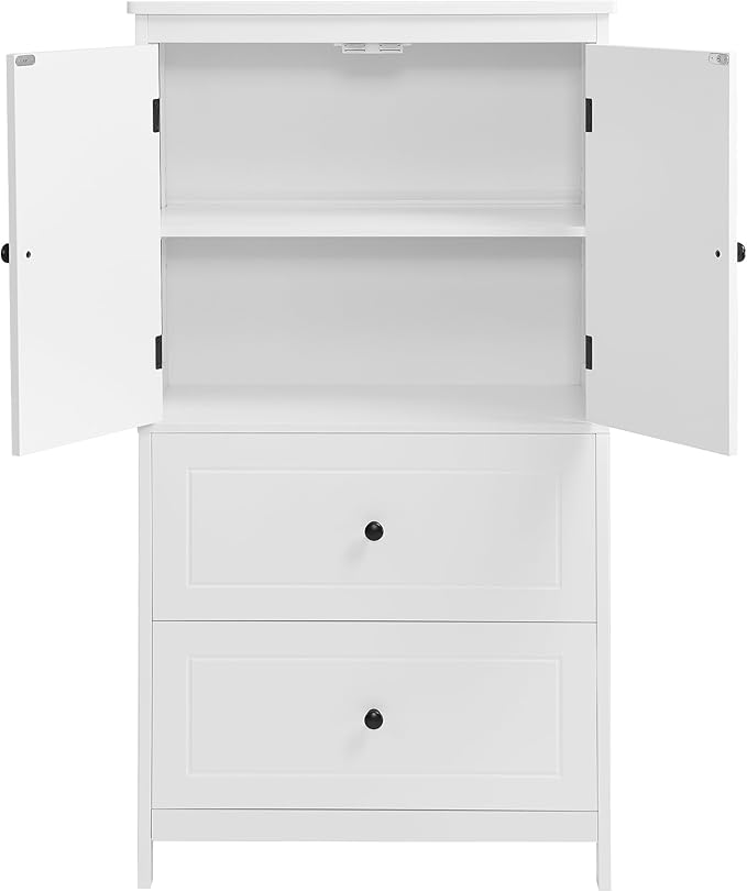 Tall Storage Cabinet, Bathroom Floor Freestanding Storage Cabinet with 2 Doors and 2 Drawers for Bathroom, Office, Living Room, White