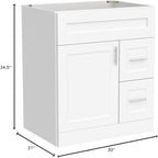 New White Shaker Single-sink Bathroom Vanity Base Cabinet 30" Wide x 21" Deep WS-V3021DLR